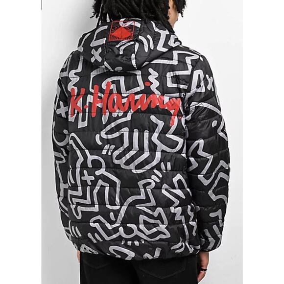 Keith Haring x Members Only Mens Reversible Black Print Puffer Jacket Size S Y2K - Picture 2 of 10